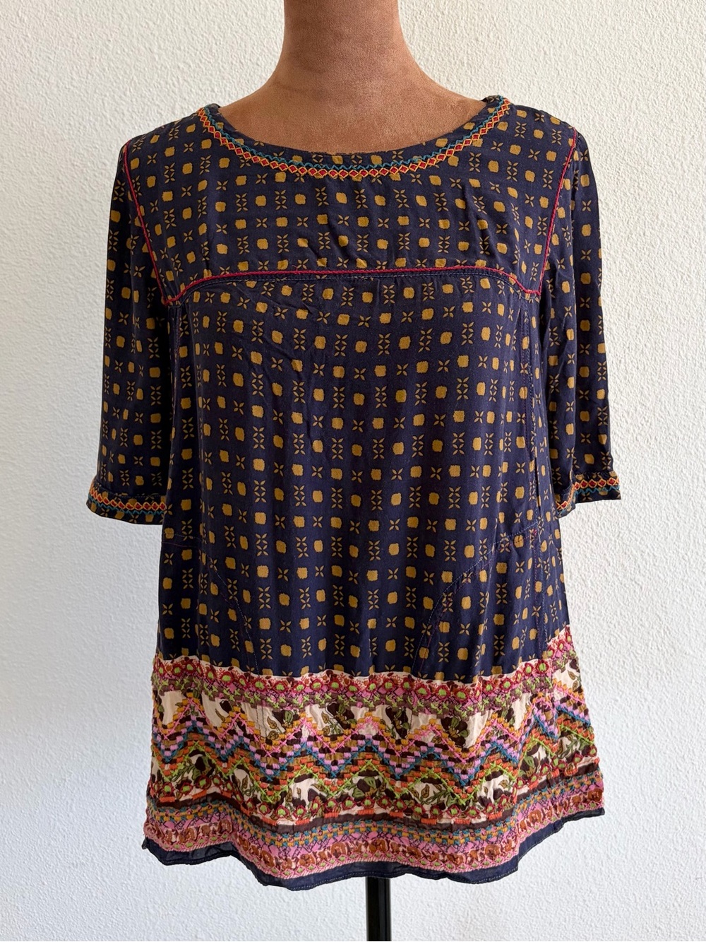 HOLDING HORSES Navy Patterned Embroidered Border Tunic